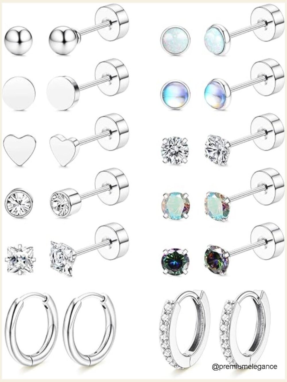 Hypoallergenic Flat Back Earrings Set 10 Studs 2 Hoops Surgical Steel 20G for